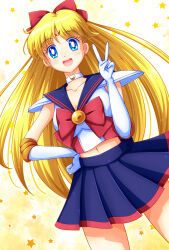 aino_minako bishoujo_senshi_sailor_moon blonde_hair blue_eyes blue_sailor_collar blue_skirt bow codename_wa_sailor_v crescent crescent_choker crescent_facial_mark domino_mask facial_mark forehead_mark hair_bow hand_on_own_hip highres long_hair mask mimimix pleated_skirt red_bow sailor_collar sailor_v shirt shoulder_pads skirt star_(symbol) star_symbol_background v white_shirt