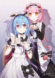 2girls absurdres animal_ear_fluff animal_ears apron arknights black_bow black_bowtie black_choker bow bowtie choker collar colored_tips dress fake_animal_ears flat_chest frilled_apron frilled_collar frilled_dress frills goldenglow_(arknights) gradient_hair highres itsuka_(pixiv90988220) long_hair looking_at_viewer maid maid_headdress mizuki_(arknights) multicolored_hair multiple_girls orange_eyes pink_eyes pink_hair smile standing tail very_long_hair