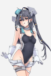 Rule 34 | 1girl, :q, bare shoulders, black hair, black one-piece swimsuit, black ribbon, blue hat, breasts, brown eyes, covered erect nipples, earpiece, garrison cap, gloves, grey background, hair ornament, hair ribbon, hat, headgear, highres, kantai collection, long hair, looking at viewer, one-piece swimsuit, ribbon, saburou 03, scamp (kancolle), short shorts, shorts, simple background, small breasts, solo, star (symbol), star hair ornament, swimsuit, tongue, tongue out, torn clothes, torn shorts, white gloves, white shorts