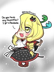 Rule 34 | 1girl, :3, alternate color, alternate hair color, arm sling, black skirt, blonde hair, blood, blush, braid, broken arm, chibi, collared shirt, detached sleeves, diamon arga, dot nose, english text, frog hair ornament, gohei, gradient background, hair ornament, hair tubes, happy, holding, holding gohei, kochiya sanae, long hair, long sleeves, navel, open mouth, patterned clothing, print skirt, red shirt, shirt, single hair tube, single sidelock, skirt, skirt set, sleeveless, sleeveless shirt, snake hair ornament, solo, touhou, touhou lostword, twitter username, v, wide sleeves, yellow eyes