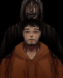 2boys :| bags_under_eyes beard_stubble black_background black_eyes black_hair blood blood_from_forehead blood_on_clothes blood_on_face closed_mouth crazy_grin cry_of_fear dual_persona exhausted facial_hair grey_hoodie hand_on_another&#039;s_shoulder highres hood hood_down hood_up hoodie looking_at_viewer multiple_boys open_mouth orange_hoodie panickedintig short_hair simon_henriksson simon_henriksson_(book) stubble