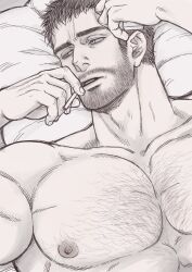 Rule 34 | 1boy, adam&#039;s apple, bara, beard, beard stubble, chris redfield, connected beard, facial hair, from above, greyscale, half-closed eyes, highres, kdk13 (bio kadoki13), large pectorals, lying, male focus, mature male, monochrome, muscular, muscular male, nipples, nude, on back, pectorals, resident evil, short hair, smoking, solo, sparse chest hair, stubble, thick eyebrows, tsurime, upper body
