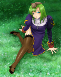 1girl 2000s_(style) animal animal_on_head black_dress black_shoes blue_eyes breasts brown_cat brown_thighhighs cat cat_on_head closed_mouth commentary_request cross cross_necklace dress feliciel full_body garter_straps grass green_hair highres jewelry juliet_sleeves lace-up_thighhighs long_hair long_sleeves looking_at_viewer medium_breasts necklace on_head priest_(ragnarok_online) puffy_sleeves ragnarok_online shoes sitting solo thighhighs