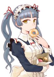 1girl bag blue_hair blunt_bangs donut drawfag eating eyebrows female_focus food food_in_mouth long_hair looking_at_viewer maid maid_headdress maria_holic orz_(orz57) paper_bag shinouji_matsurika solo twintails wrist_cuffs yellow_eyes