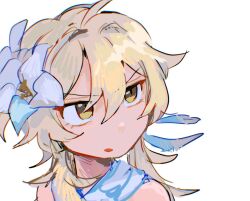 1girl angry annoyed blonde_hair disgust flower genshin_impact hair_flower hair_ornament hinann_bot lumine_(genshin_impact) open_mouth scarf short_hair_with_long_locks v-shaped_eyebrows white_flower white_scarf yellow_eyes