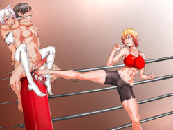 1boy 2girls abs aho_manten ball_busting boots cat_girl crotch_kick gag headlock multiple_girls restrained thigh_boots