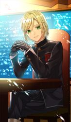 1boy androgynous black_gloves black_jacket black_pants blonde_hair bob_cut boots brown_boots buttons chair commentary_request crossed_legs fate/extra fate/extra_ccc fate/grand_order fate_(series) feet_out_of_frame gakuran gloves green_eyes hair_between_eyes high_collar indoors jacket leonard_bistario_harway long_sleeves looking_at_viewer male_focus medium_hair official_art own_hands_together pants parted_bangs sazanami_misa school_uniform sitting smile solo table teeth third-party_source tsukumihara_academy_uniform_(fate/extra_ccc)
