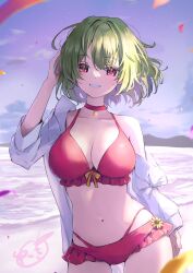 Rule 34 | 1girl, beach, bikini, breasts, choker, cleavage, collarbone, commentary request, cowboy shot, flower, frilled bikini, frills, green hair, grin, hand in own hair, highres, kazami yuuka, large breasts, long sleeves, multi-strapped bikini bottom, navel, open clothes, open shirt, outdoors, red bikini, red choker, red eyes, shironeko yuuki, shirt, short hair, signature, smile, solo, stomach, swimsuit, touhou, white shirt, yellow flower