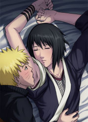 Rule 34 | 1boy, 1girl, armpits, arms up, bed, bed sheet, black hair, blonde hair, blue eyes, blush, closed eyes, facial mark, from above, japanese clothes, kimono, licking, lying, naruto (classic), naruto (series), on back, pillow, shizune (naruto), short hair, sleeping, sweat, sweatdrop, tk (tk&#039;s level4), uzumaki naruto, whisker markings
