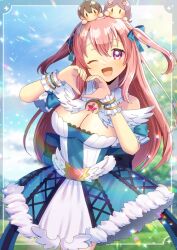 1girl ;d blue_bow blue_dress blue_sky bow breasts character_request cleavage cloud commentary_request commission day dress hair_between_eyes hands_up heart heart_hands kou_hiyoyo long_hair looking_at_viewer medium_breasts on_head one_eye_closed open_mouth pink_hair purple_eyes ragnarok_online skeb_commission sky smile strapless strapless_dress tree two_side_up very_long_hair wrist_cuffs
