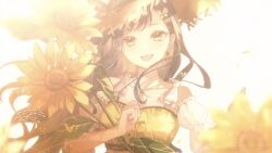 1girl blurry brown_hair collarbone detached_sleeves dress earrings flower hair_ornament hairclip hat highres holding holding_flower jewelry long_hair looking_at_viewer open_mouth project_sekai shiraishi_an smile solo straw_hat sunflower upper_body white_background yellow_dress yellow_eyes yellow_flower yuki72611