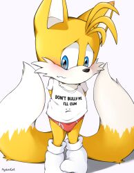 1boy alystaircat arms_behind_back blue_eyes embarrassed english_text facing_viewer fur furry furry_male looking_away male_focus multiple_tails orange_fur red_underwear sega shota simple_background sonic_(series) tail tails_(sonic) two_tails white_background white_legwear