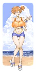 1girl asymmetrical_hair bare_legs bare_shoulders beach bikini blue_eyes blush breasts cameltoe cleavage creatures_(company) crop_top day denim denim_shorts feet female_focus game_freak gen_1_pokemon grin gym_leader hand_up highres huge_breasts knees_together_feet_apart large_breasts legs legs_together looking_at_viewer midriff misty_(pokemon) navel nintendo ocean orange_hair outdoors poke_ball pokemon pokemon_(anime) pokemon_(classic_anime) pokemon_rgby ponytail sandals shiny_skin shirt shoes short_hair short_shorts shorts side_ponytail sky smile solo standing suspenders swimsuit tank_top thick_thighs thigh_gap thighs water wristband yuthon