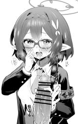 1boy 1girl armband ayane_(blue_archive) bar_censor blue_archive blush censored collared_shirt commentary_request cum cum_in_mouth cum_on_body cum_on_tongue erection facial glasses greyscale halo handjob hetero jacket long_sleeves looking_at_viewer monchan_rev3 monochrome necktie open_clothes open_jacket penis pointy_ears shirt short_hair simple_background solo_focus tongue tongue_out white_background