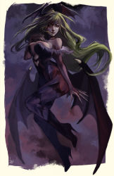 1girl animal_print bare_shoulders bat_print bat_wings boots breasts capcom cleavage dark darkstalkers elbow_gloves female_focus fingerless_gloves gloves green_eyes green_hair head_wings high_heels knee_boots large_breasts leotard leslie_hung long_hair marika matching_hair/eyes morrigan_aensland pantyhose print_pantyhose shoes solo vampire wings