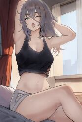 1girl armpits arms_up bed black_bra blue_sky bra curtains day green_eyes grey_hair highres jeong_somin long_hair looking_at_viewer navel one_eye_closed open_mouth pillow shorts sitting sky solo the_warrior_returns thighs underwear white_shorts window yawning