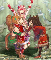 4girls animal_ears arms_up bandana boots brown_hair closed_eyes coat commentary_request cowboy_hat dated dirty dirty_clothes dirty_face domino_mask dress ear_covers el_condor_pasa_(umamusume) finger_to_another&#039;s_cheek fingerless_gloves gloves gym_uniform hair_ornament hand_on_own_hip haru_urara_(umamusume) hat hat_on_back headband horse_ears horse_girl horse_tail hug jacket long_hair mask multiple_girls open_clothes open_coat open_jacket open_mouth outdoors pink_hair ponytail scrunchie shirt shoes skirt smart_falcon_(umamusume) smile star_(symbol) star_hair_ornament taiki_shuttle_(umamusume) tail takuzui track_jacket trait_connection twitter_username umamusume