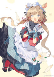 1girl animal_ears anklet apron aqua_dress berry black_gloves black_ribbon black_shirt black_shoes black_wrist_cuffs blue_eyes blunt_bangs brown_hair character_request chinese_commentary clothing_cutout commentary_request cross-laced_clothes cross-laced_dress deer_ears dot_nose dress eyelashes floating_clothes floating_hair flower food-themed_hair_ornament frilled_apron frilled_dress frilled_wrist_cuffs frills full_body gloves hair_ornament hair_ribbon hairband hairclip high_heels highres jewelry juliet_sleeves jumping leaf_hair_ornament light_blush long_dress long_hair long_sleeves looking_at_viewer low_twintails maid maid_headdress mary_janes open_mouth own_hands_together pantyhose petals petticoat pleated_dress polka_dot polka_dot_background princess_connect! puffy_sleeves pumps red_pantyhose red_ribbon red_sleeves ribbon sh_(shinh) shirt shirt_under_dress shoes shoulder_cutout smile solo striped_clothes striped_dress swept_bangs tareme twintails two-sided_sleeves two-tone_wrist_cuffs vertical-striped_clothes vertical-striped_dress very_long_hair waist_apron watermark wavy_hair weibo_watermark white_apron white_background white_flower white_hairband white_wrist_cuffs wrist_cuffs wrist_flower