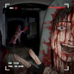 1boy abandoned atmospheric_perspective black_gloves black_hair blood blood_on_clothes blood_on_hands blood_on_mouth bloodshot_eyes camera ch1ckenpretz chainsaw crazy_eyes cry_of_fear dark evil_grin evil_smile fake_screenshot fingerless_gloves gloves grey_hoodie grin highres holding holding_camera holding_chainsaw hood hood_up hoodie indoors male_focus my_little_pony my_little_pony:_friendship_is_magic out_of_frame pinkamena_diane_pie pinkie_pie selfie simon_henriksson_(book) smile solo v