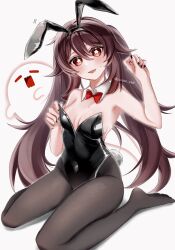 1girl animal_ears bare_shoulders black_hair black_leotard black_nails black_pantyhose blush boo_tao_(genshin_impact) breasts covered_navel fake_animal_ears feet flower-shaped_pupils genshin_impact ghost hair_between_eyes highres hu_tao_(genshin_impact) leotard long_hair looking_at_viewer pantyhose playboy_bunny rabbit_ears red_eyes sitting small_breasts smile solo suisan_0105 sweat symbol-shaped_pupils thighs twintails white_background