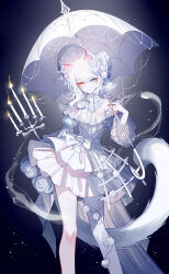 1girl animal_ears bare_shoulders blue_eyes candle cat_ears cat_tail dress feet_out_of_frame heterochromia highres holding holding_umbrella original pantyhose sheya single_leg_pantyhose solo standing tail umbrella white_dress white_hair white_pantyhose white_umbrella yellow_eyes