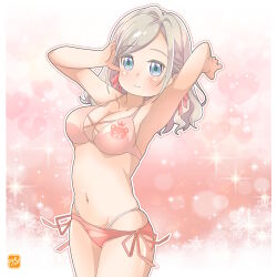 1girl animal_print artist_logo bear_print bikini blue_eyes breasts ceras_yanagida_lilienfeld cleavage closed_mouth commentary_request cowboy_shot criss-cross_straps grey_hair hair_ribbon happy_birthday highres large_breasts link!_like!_love_live! logo long_hair love_live! multi-strapped_bikini_bottom orange_bikini pink_ribbon ribbon solo swept_bangs swimsuit takecho virtual_youtuber