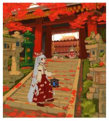 Rule 34 | 3girls, autumn leaves, border, bow, clone, closed eyes, closed mouth, commentary request, day, dual persona, expressionless, fujiwara no mokou, full body, green eyes, grey hair, hair bow, highres, holding, holding lantern, horns, komainu ears, komano aunn, lantern, leaf, long hair, looking at viewer, multiple girls, outdoors, red eyes, red shirt, ritsuzou, shirt, shorts, shrine, single horn, sky, stairs, stone lantern, stone stairs, touhou, very long hair, white border, white bow, white shorts, white sky