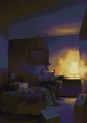 brown_hair corded_phone desk_lamp dim_lighting facial_hair highres holding holding_lighter hotel_dusk kyle_hyde lamp lighter mr_kasuy on_bed phone sitting smoking talking_on_phone vest white_vest
