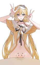 1girl :d absurdres arms_up black_choker blonde_hair blue_eyes bottomless censored choker desk double_v drawn_ears drawn_whiskers hair_between_eyes heavy_breathing highres long_hair looking_at_viewer michele_(strinova) mosaic_censoring navel official_alternate_costume open_mouth orange_pajamas pajamas pussy pussy_juice rubbing sidelocks single_bare_shoulder sleep_mask smile solo strinova twintails v very_long_hair yexinhan