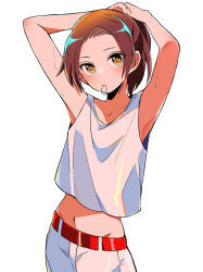 1boy androgynous arms_up axis_powers_hetalia bare_arms belt brown_hair china_(hetalia) groin looking_at_viewer midriff navel pants red_belt sanamaru_(sana79261827) stomach tank_top trap tying_hair white_pants white_tank_top