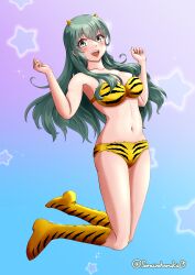 1girl absurdres animal_print bikini breasts cone_horns cosplay fur_bikini green_eyes green_hair hair_between_eyes highres horns jumping kantai_collection long_hair looking_at_viewer lum lum_(cosplay) medium_breasts navel open_mouth print_bikini print_boots round_teeth solo sorairo_haruka strapless strapless_bikini suzuya_(kancolle) swimsuit teeth tiger_print upper_teeth_only urusei_yatsura very_long_hair yellow_bikini