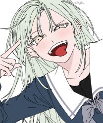 1girl a_jak bang_dream! bang_dream!_it&#039;s_mygo!!!!! blue_shirt blush crazy_smile green_hair grey_neckerchief highres long_hair looking_at_viewer mortis_(bang_dream!) mortis_(persona)_(bang_dream!) neckerchief open_mouth pointing pointing_at_self sailor_collar school_uniform shirt simple_background smile solo tongue tongue_out tsukinomori_school_uniform twitter_username wakaba_mutsumi white_background white_sailor_collar yellow_eyes
