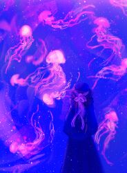 Rule 34 | animal, backpack, bag, hands in pockets, hood, hood up, hoodie, jellyfish, light particles, limited palette, original, painterly, reflection, reflective water, shadow, skirt, still life, zandra
