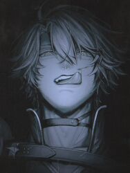 Rule 34 | 1boy, armor, belt, bleeding, blood, choker, collarbone, grey hair, hair between eyes, half-closed eyes, highres, honkai: star rail, honkai (series), ieririr, injury, licking blood, looking at viewer, male focus, monochrome, parted bangs, partially colored, pauldrons, phainon (honkai: star rail), short hair, shoulder armor, single pauldron, solo, teeth, tongue, tongue out, upper body, yellow eyes