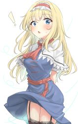 ! 1girl absurdres alice_margatroid alternate_hair_length alternate_hairstyle arms_behind_back black_garter_straps black_thighhighs blonde_hair blue_dress blue_eyes blush capelet commentary_request dress frilled_hairband frills garter_straps hairband highres long_hair looking_at_viewer open_mouth solo thighhighs thighs touhou white_capelet youyume-kun