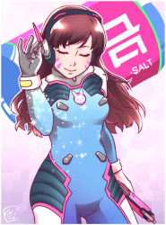 1girl animal_print armor blue_bodysuit bodysuit boots bracer breasts breasts_apart brown_hair closed_mouth cowboy_shot d.va_(overwatch) eyelashes facepaint facial_mark female_focus gloves gun hand_up headphones holding holding_gun holding_weapon kyoute legs_apart lips long_hair long_sleeves mecha_pilot_suit meme nose overwatch overwatch_1 pauldrons pink_lips rabbit_print ribbed_bodysuit salt salt_bae_(meme) salt_shaker shoulder_armor shoulder_pads signature skin_tight small_breasts smile solo standing thigh_boots thighhighs turtleneck weapon whisker_markings white_boots white_gloves