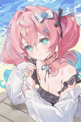 1girl bare_shoulders black_dress black_ribbon blue_bow blue_eyes blue_hair blush bow breasts bright_pupils character_name cleavage closed_mouth commentary_request day dress gradient_hair hair_bow highres honkai:_star_rail honkai_(series) hyacine_(honkai:_star_rail) korean_commentary large_breasts long_hair long_sleeves looking_at_viewer multicolored_hair neck_ribbon off_shoulder outdoors pink_hair ribbon sha_(nz2) shirt smile solo upper_body white_pupils white_shirt