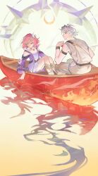 1boy 1girl absurdres ahoge blue_eyes canoe coat crescent_moon cyrene_(honkai:_star_rail) dress grey_pants grey_shirt hair_ornament hashtag-only_commentary highres honkai:_star_rail honkai_(series) jewelry medium_hair mm19_mumu moon multicolored_hair necklace pants phainon_(honkai:_star_rail) pink_hair purple_coat shirt short_hair sitting thighs two-tone_hair water white_dress white_hair