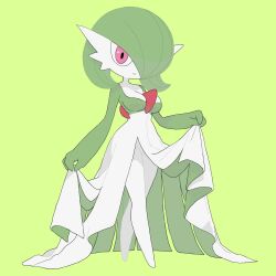 1girl bob_cut breasts closed_mouth colored_skin crossed_legs female_focus full_body gardevoir gen_3_pokemon green_background green_hair green_skin green_theme groin hair_over_one_eye hand_up happy legs lifting_own_clothes looking_at_viewer medium_breasts multicolored_skin nintendo no_feet one_eye_covered pink_eyes pokemon pokemon_(creature) short_hair simple_background smile solo standing sunny_day_(pixiv_1052309) two-tone_skin watson_cross white_skin