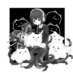 1girl commentary_request dog dog_on_lap empty_eyes expressionless flower greyscale half-closed_eyes headphones long_sleeves looking_at_animal looking_down monochrome monster_girl mouth_hold neckerchief nene_nene outside_border plant_girl pomeranian_(dog) pomeranian_(utau) school_uniform serafuku short_hair simple_background solo spot_color tentacle_legs utau yosan_(yosan1130)