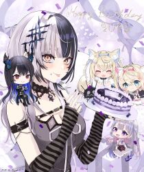 absurdres animal_ears black_choker black_dress black_hair black_horns black_jacket blonde_hair blue_eyes blue_hair blue_hairband breasts cake chibi choker cleavage colored_inner_hair demitsuyuzaki dog_ears dress food fuwawa_abyssgard fuwawa_abyssgard_(1st_costume) grey_hair hairband happy_birthday highres holoadvent hololive hololive_english horn_hairband horns jacket koseki_bijou koseki_bijou_(1st_costume) large_breasts mococo_abyssgard mococo_abyssgard_(1st_costume) multicolored_hair nerissa_ravencroft nerissa_ravencroft_(1st_costume) pink_hair pink_hairband purple_eyes red_eyes shiori_novella shiori_novella_(1st_costume) split-color_hair two-tone_hair virtual_youtuber white_dress white_hair yorick_(shiori_novella)