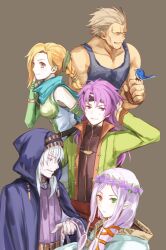 2boys 3girls bare_shoulders cath_(fire_emblem) cloak fingerless_gloves fire_emblem fire_emblem:_the_binding_blade gloves gonzalez_(fire_emblem) green_gloves hugh_(fire_emblem) idunn_(fire_emblem) long_hair multiple_boys multiple_girls muscular muscular_male niime_(fire_emblem) nintendo old old_woman orange_eyes orange_hair purple_cloak purple_eyes purple_hair shoochiku_bai thief