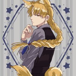 1boy animal_ears black_vest blonde_hair blue_necktie braid cat_ears cat_tail collared_shirt d.gray-man facial_mark facing_to_the_side floating_hair forehead_mark grey_background grey_shirt hakahata18 hand_up highres howard_link long_hair long_sleeves looking_at_viewer male_focus necktie profile red_eyes shirt signature single_braid solo star_(symbol) striped_background tail twitter_username vertical-striped_background vest waistband