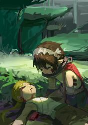 1boy 1girl absurdres blonde_hair blood blood_from_mouth bloody_tears brown_hair brown_pants cape chinese_commentary clenched_teeth closed_eyes commentary_request crying dying facial_mark grass grey_hairband hairband highres long_hair lying made_in_abyss mechanical_arms metal_hairband on_back on_ground outdoors pants parted_bangs pointy_ears red_cape reg_(made_in_abyss) riko_(made_in_abyss) scenery short_hair sitting spoilers sterlank tank_top teeth topless_male whistle white_tank_top