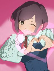 1girl ;) blush breasts brown_eyes brown_hair closed_mouth collared_shirt commentary_request frilled_shirt frilled_sleeves frills fukurai_azami hands_up heart heart_hands highres long_sleeves looking_at_viewer medium_breasts one_eye_closed pink_background puffy_long_sleeves puffy_sleeves sabiiiii shirt short_hair smile solo toshi_densetsu_kaitai_center upper_body white_shirt