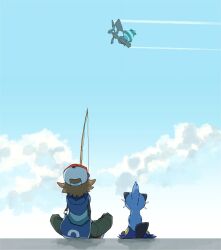 1boy baseball_cap blue_sky brown_hair dewott dragon_wings fishing_rod from_behind gen_5_pokemon hat highres hilbert_(pokemon) holding holding_fishing_rod legendary_pokemon nintendo nyagiratwist outdoors pokemon pokemon_(creature) pokemon_bw sitting sky source_request wings zekrom