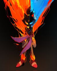 1girl black_background blaze_the_cat blaze_the_cat_(beta_design) blue_fire burning chest_jewel fire forehead_jewel frown gem gloves glowing glowing_eyes gold_necklace gradient_background highres jacket jewelry necklace raph_mavrost red_jacket serious solo sonic_(series) standing