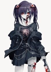 1girl :&lt; belt black_belt black_chemise black_jacket black_shirt black_skirt blood blood_in_hair blood_on_face blood_on_leg blood_on_neck bloody_knife chain chain_necklace choker closed_eyes collarbone colored_skin cowboy_shot cross cross_necklace ear_piercing eyeball_hair_ornament gorezono_neo_(yu-ki_iwata) hair_between_eyes hair_ornament holding holding_knife jacket jaw jewelry knife long_hair looking_at_viewer necklace o-ring o-ring_thigh_strap off_shoulder original piercing pleated_skirt print_shirt purple_hair red_eyes shirt simple_background skirt skull_hair_ornament solo spiked_choker spikes standing teeth thigh_strap twintails white_background white_skin yu-ki_iwata
