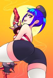 1girl absurdres armband artist_logo artist_name ass ass_focus bare_arms bare_shoulders bike_shorts blue_eyes blue_hair bracelet dual_wielding eyepatch from_behind from_below fushark gradient_background gun handgun hat highres holding jewelry logo looking_at_viewer looking_back multicolored_eyes no_bra open_mouth orange_background original pants pistol red_eyes shorts sidelocks simple_background skindentation solo spiked_bracelet spikes teeth thighhighs tight_clothes tight_pants tongue twintails weapon white_thighhighs yellow_background