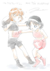 Rule 34 | 2girls, artist name, boxing, boxing gloves, boxing shorts, catfight, haibara ai, highres, meitantei conan, multiple girls, punching, shorts, sports bra, tomjpn, white background, yoshida ayumi